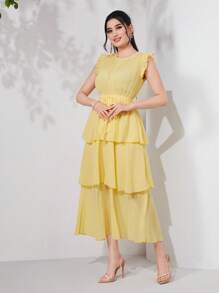 Mulvari 荷葉邊腰帶層疊下擺洋裝 - 黃色 - 查看 4