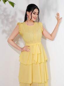 Mulvari 荷葉邊腰帶層疊下擺洋裝 - 黃色 - 查看 5