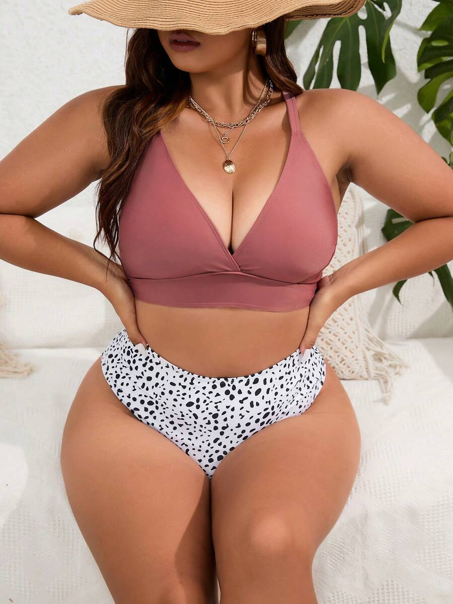 Swim Lushoire Summer Beach Plus Size Dalmatian Print High Waisted Bikini Set - Multicolor - View 1
