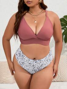 Swim Lushoire Summer Beach Plus Size Dalmatian Print High Waisted Bikini Set - Multicolor - View 3