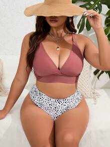 Swim Lushoire Summer Beach Plus Size Dalmatian Print High Waisted Bikini Set - Multicolor - View 4