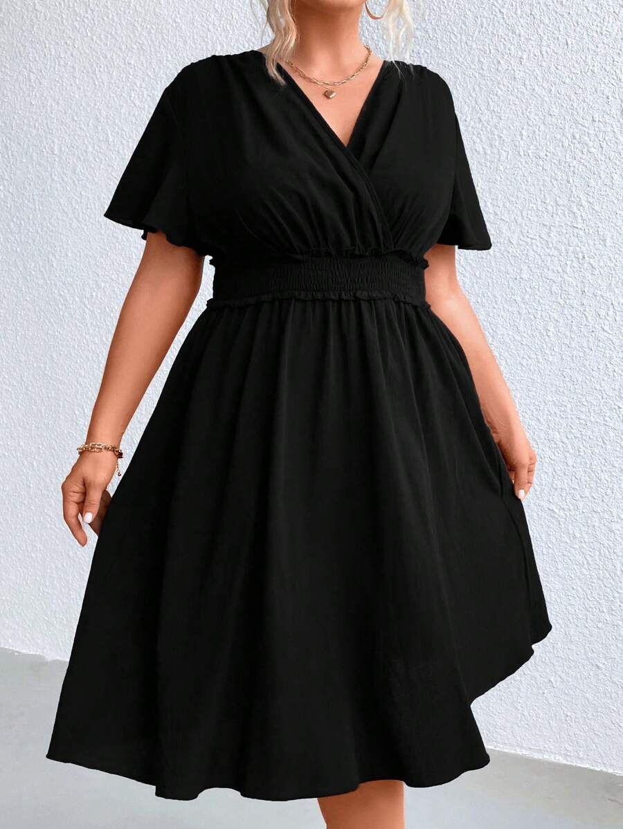 SHEIN Clasi Đầm Plus Size Trọn gói Dải chun màu trơn Giải trí - màu đen - Xem 1