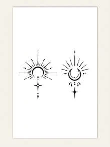 1張幾何圖案紋身貼紙假紋身貼防水持久簡約風月亮優雅派對和節日裝飾 - 黑色 - 查看 2