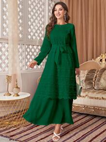 Contrast Lace Belted Dress - Dark Green - View 1