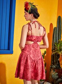 Veronica Ramirez Frida Kahlo X SHEIN X Designer 印花肩上打結腰部鏤空荷葉邊吊帶連衣裙 - 彩色 - 查看 2