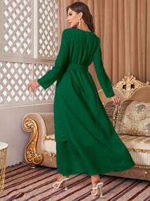Contrast Lace Belted Dress - Dark Green - View 2