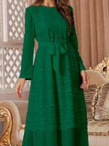 Contrast Lace Belted Dress - Dark Green - View 3