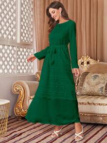 Contrast Lace Belted Dress - Dark Green - View 5