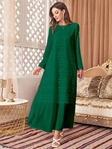 Contrast Lace Belted Dress - Dark Green - View 7