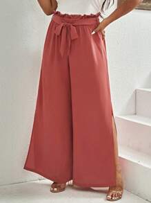 SHEIN VCAY 大碼高衩腰帶闊腿褲 - 紅木色 - 查看 3