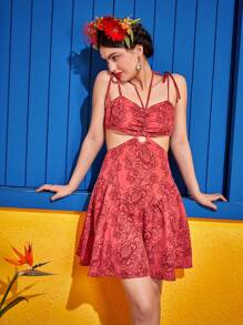 Veronica Ramirez Frida Kahlo X SHEIN X Designer 印花肩上打結腰部鏤空荷葉邊吊帶連衣裙 - 彩色 - 查看 5