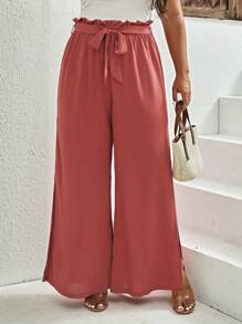 SHEIN VCAY 大碼高衩腰帶闊腿褲 - 紅木色 - 查看 4