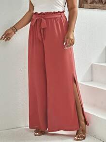 SHEIN VCAY 大碼高衩腰帶闊腿褲 - 紅木色 - 查看 5
