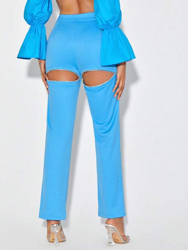 Style by DAngela Pantaloni de costum uni, de designer, cu strasuri, decupate, toamnă, pentru toamnă și iarnă, vacanță
