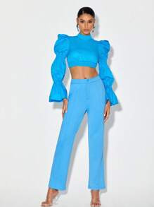 Style by DAngela Rhinestone Trim Cut Out Solid Suit Trousers - Mint Blue - View 3