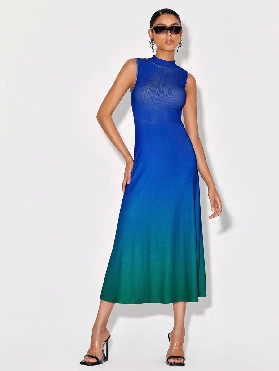 CIRCE 漸變圖案小高領連衣裙 - 藍色 - 查看 1