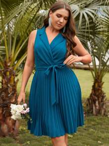 SHEIN Clasi 大碼西裝領百褶下擺繫腰帶連衣裙 - 水鴨藍 - 查看 1