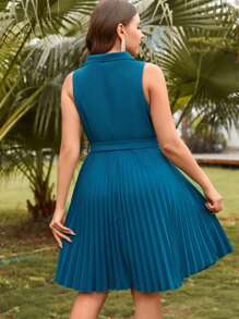 SHEIN Clasi 大碼西裝領百褶下擺繫腰帶連衣裙 - 水鴨藍 - 查看 2