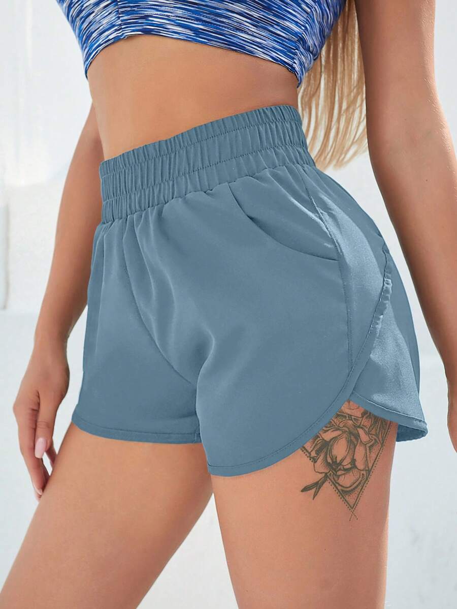 Yoga Basic Solid Elastic Waist Sports Shorts Blue Shorts Sweater Shorts
