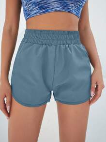 Yoga Basic Solid Elastic Waist Sports Shorts Blue Shorts Sweater Shorts