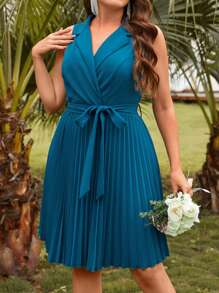 SHEIN Clasi 大碼西裝領百褶下擺繫腰帶連衣裙 - 水鴨藍 - 查看 8