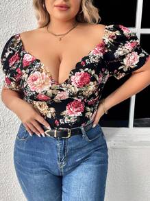SHEIN Privé Áo thun Plus size Sò điệp Hoa Tất cả trên in Giải trí - Nhiều màu - Xem 1