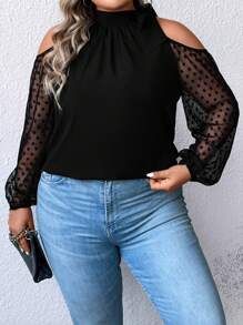 Celure Plus Contrast Mesh Cold Shoulder Lantern Sleeve Blouse - Black - View 1
