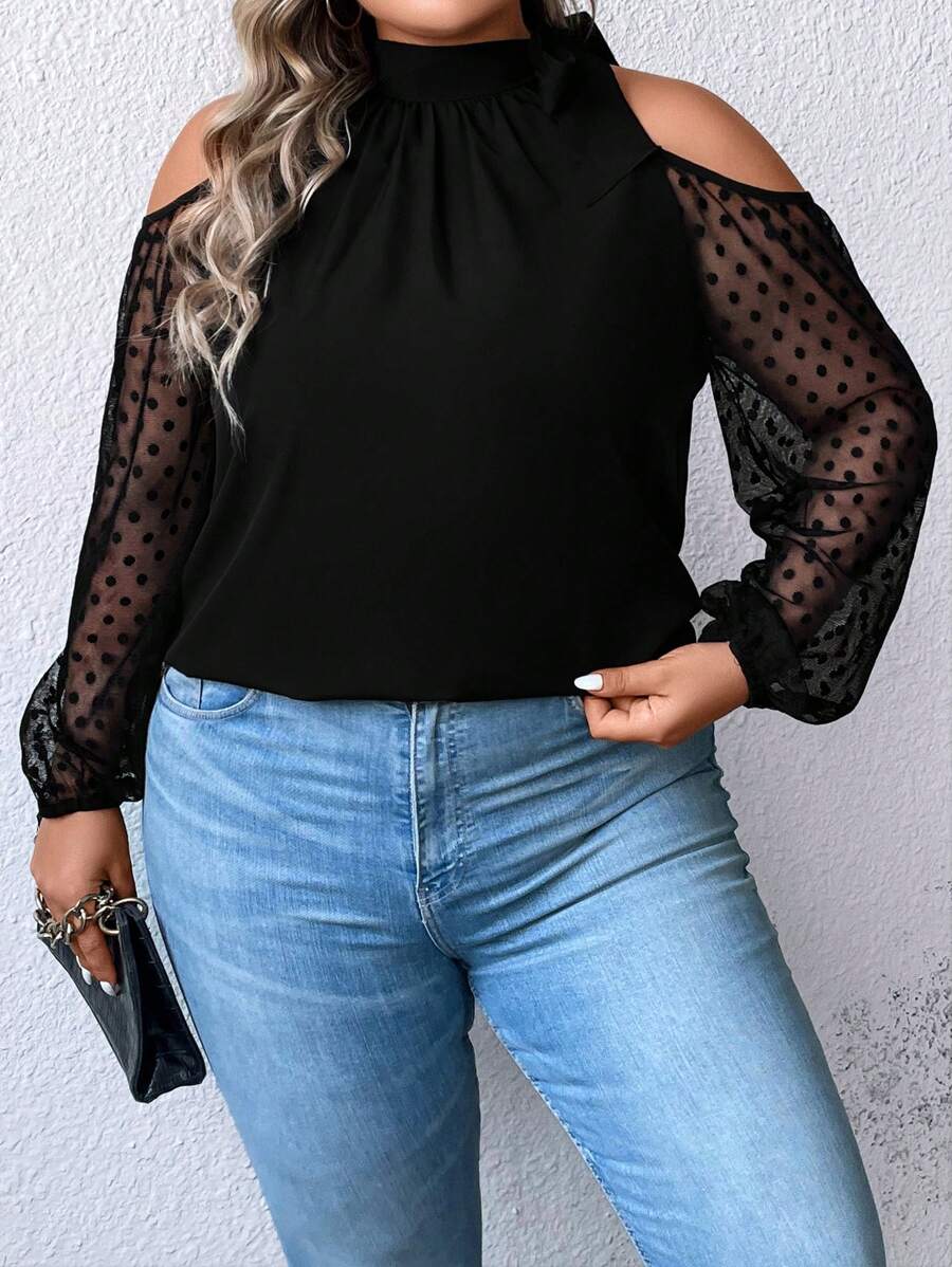 Celure Plus Contrast Mesh Cold Shoulder Lantern Sleeve Blouse - Black - View 1