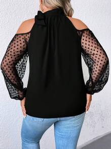 Celure Plus Contrast Mesh Cold Shoulder Lantern Sleeve Blouse - Black - View 2