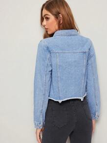 SHEIN Frenchy Raw Hem Flap Pocket Denim Jacket Winter - Light Wash - View 2