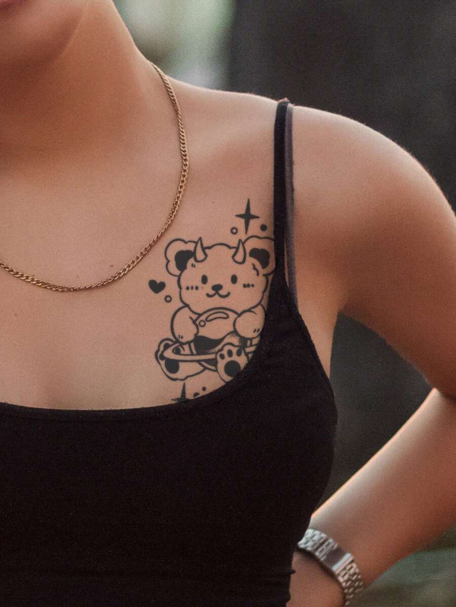 1 hoja Pegatina tatuaje con estampado de oso - Negro - Ver 1