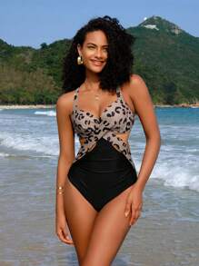 SHEIN Swim Leopard Print Crisscross Tie Backless Ruched Push Up One Piece Swimsuit - Multicolor - View 1