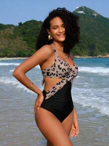 SHEIN Swim Leopard Print Crisscross Tie Backless Ruched Push Up One Piece Swimsuit - Multicolor - View 6