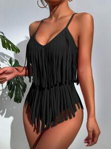 Slaydiva Summer Beach Fringe Trim One Piece Swimsuit