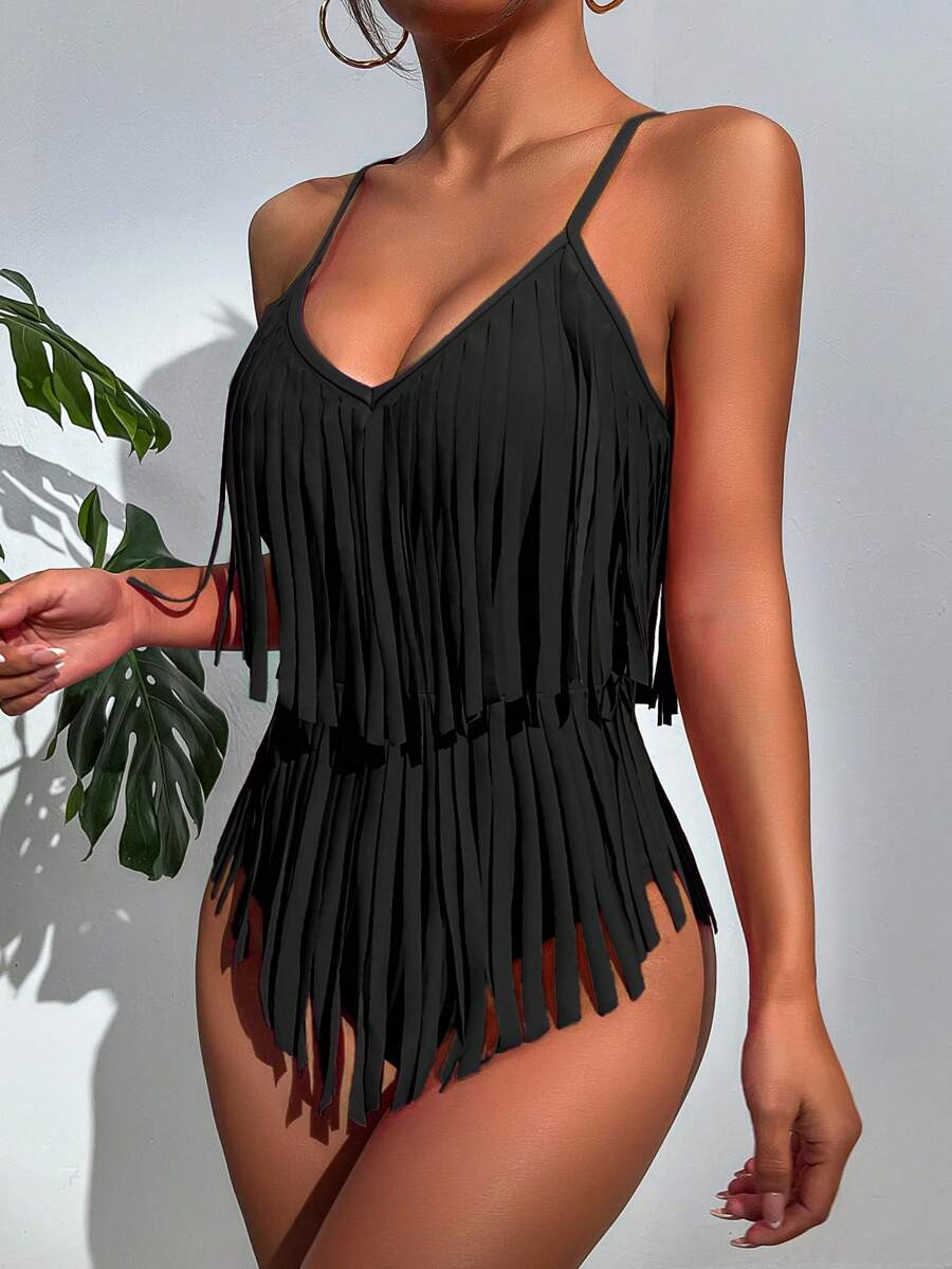 Slaydiva Summer Beach Fringe Trim One Piece Swimsuit