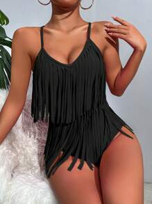 Slaydiva Summer Beach Fringe Trim One Piece Swimsuit