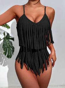 Slaydiva Summer Beach Fringe Trim One Piece Swimsuit