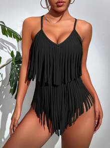 Slaydiva Summer Beach Fringe Trim One Piece Swimsuit