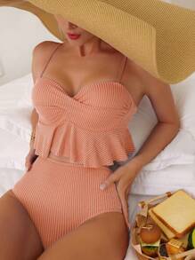 Striped Ruffle Hem Push Up Tankini Summer Beach - Orange - View 1