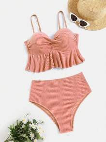 Striped Ruffle Hem Push Up Tankini Summer Beach - Orange - View 4