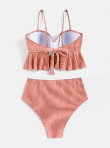 Striped Ruffle Hem Push Up Tankini Summer Beach - Orange - View 5