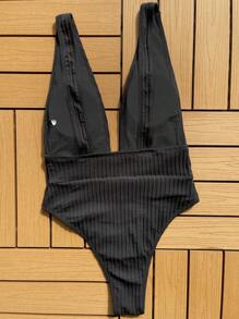 Swim SXY Summer Beach Ribbed Knit Plunging One Piece Swimsuit - Black - View 2