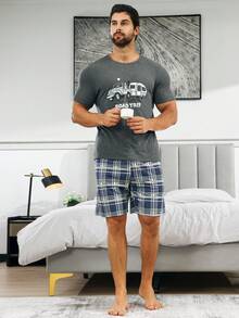 男士汽車和字母圖案睡衣T恤和格紋印花短褲睡衣套裝 - 彩色 - 查看 3