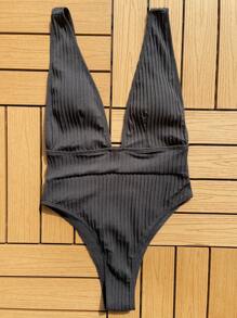 Swim SXY Summer Beach Ribbed Knit Plunging One Piece Swimsuit - Black - View 4