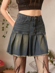 ROMWE Fairycore 百褶毛邊牛仔半身裙 - 深色水洗藍 - 查看 4