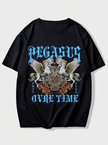 ROMWE MEN Street Life Guys Letter & Horse Print Drop Shoulder Tee - Black - View 1