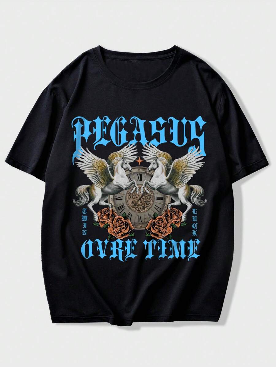 ROMWE MEN Street Life Guys Letter & Horse Print Drop Shoulder Tee - Black - View 1