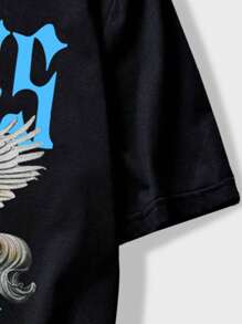 ROMWE MEN Street Life Guys Letter & Horse Print Drop Shoulder Tee - Black - View 3