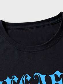 ROMWE MEN Street Life Guys Letter & Horse Print Drop Shoulder Tee - Black - View 4