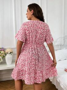 Sunnyshic 波西米亞交叉 打褶小碎花加大洋裝 - 粉色 - 查看 3